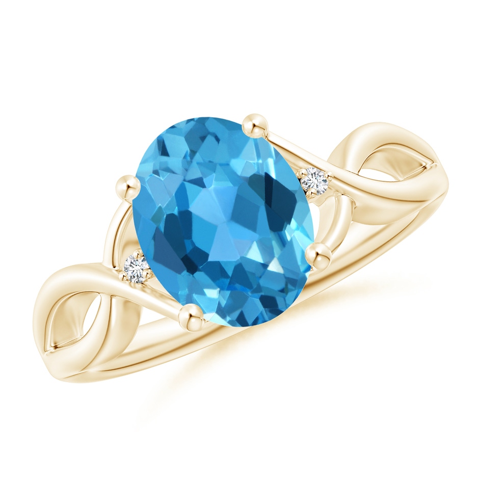 10x8mm AAA Oval Swiss Blue Topaz Criss Cross Ring with Diamond Accents in Yellow Gold 