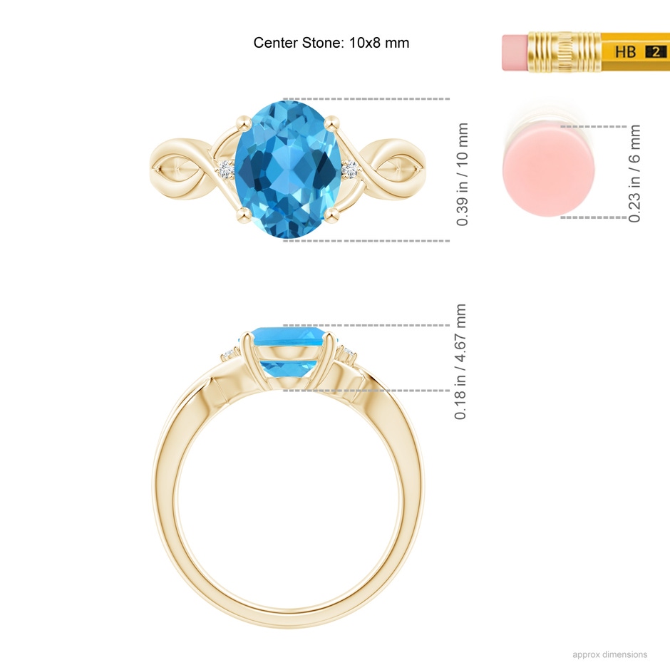 10x8mm AAA Oval Swiss Blue Topaz Criss Cross Ring with Diamond Accents in Yellow Gold ruler