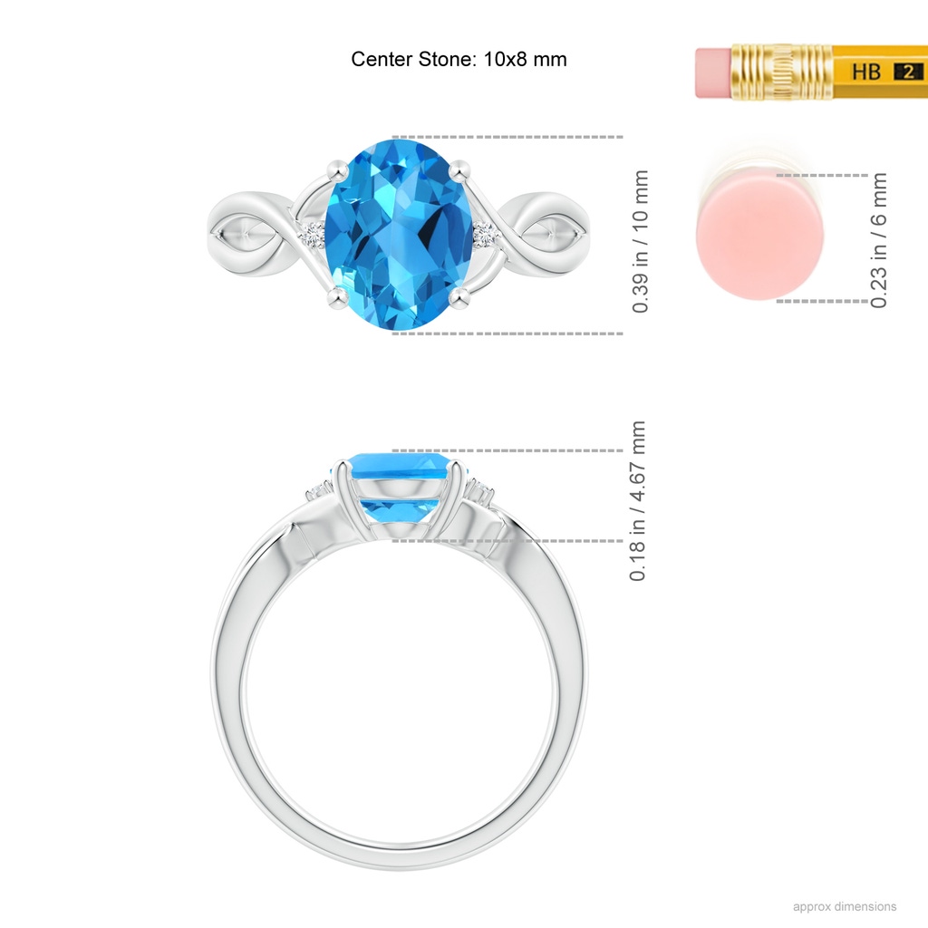 10x8mm AAAA Oval Swiss Blue Topaz Criss Cross Ring with Diamond Accents in White Gold Ruler