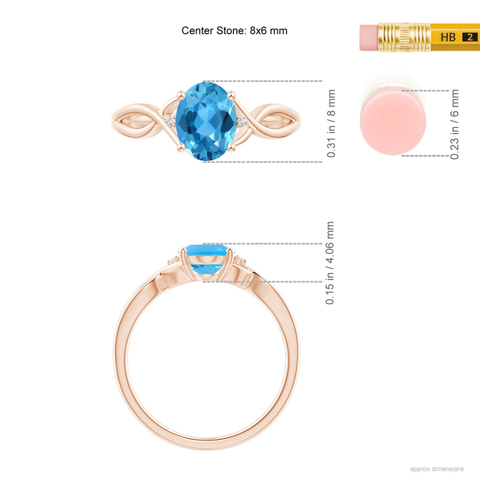 8x6mm AAA Oval Swiss Blue Topaz Criss Cross Ring with Diamond Accents in Rose Gold ruler