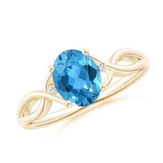 8x6mm AAA Oval Swiss Blue Topaz Criss Cross Ring with Diamond Accents in Yellow Gold