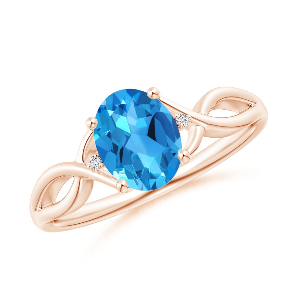 8x6mm AAAA Oval Swiss Blue Topaz Criss Cross Ring with Diamond Accents in Rose Gold 
