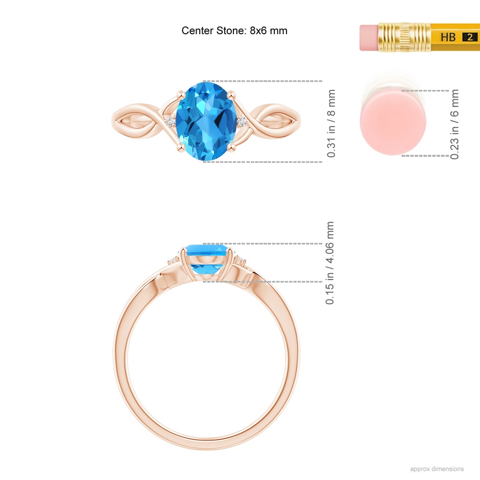 8x6mm AAAA Oval Swiss Blue Topaz Criss Cross Ring with Diamond Accents in Rose Gold ruler