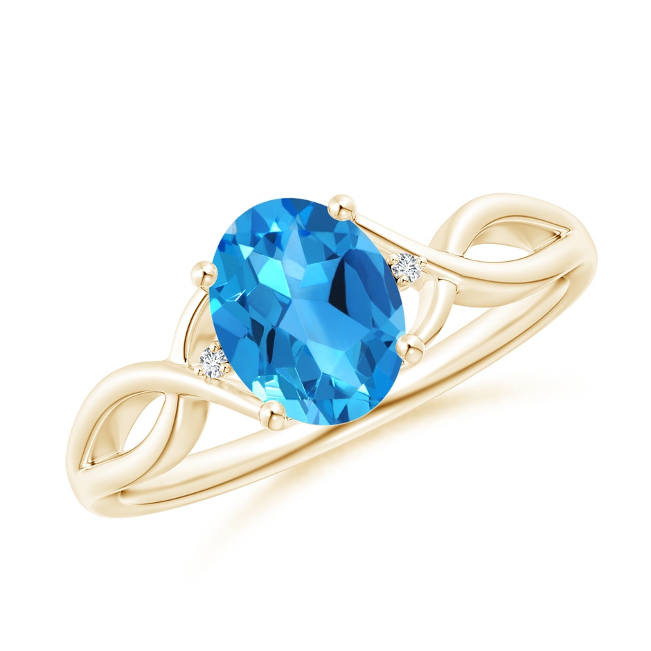 8x6mm AAAA Oval Swiss Blue Topaz Criss Cross Ring with Diamond Accents in Yellow Gold 