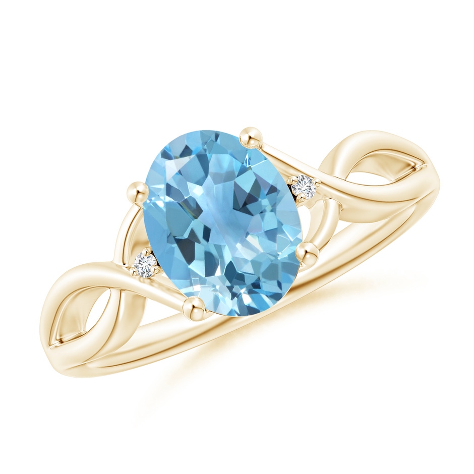 9x7mm A Oval Swiss Blue Topaz Criss Cross Ring with Diamond Accents in Yellow Gold 
