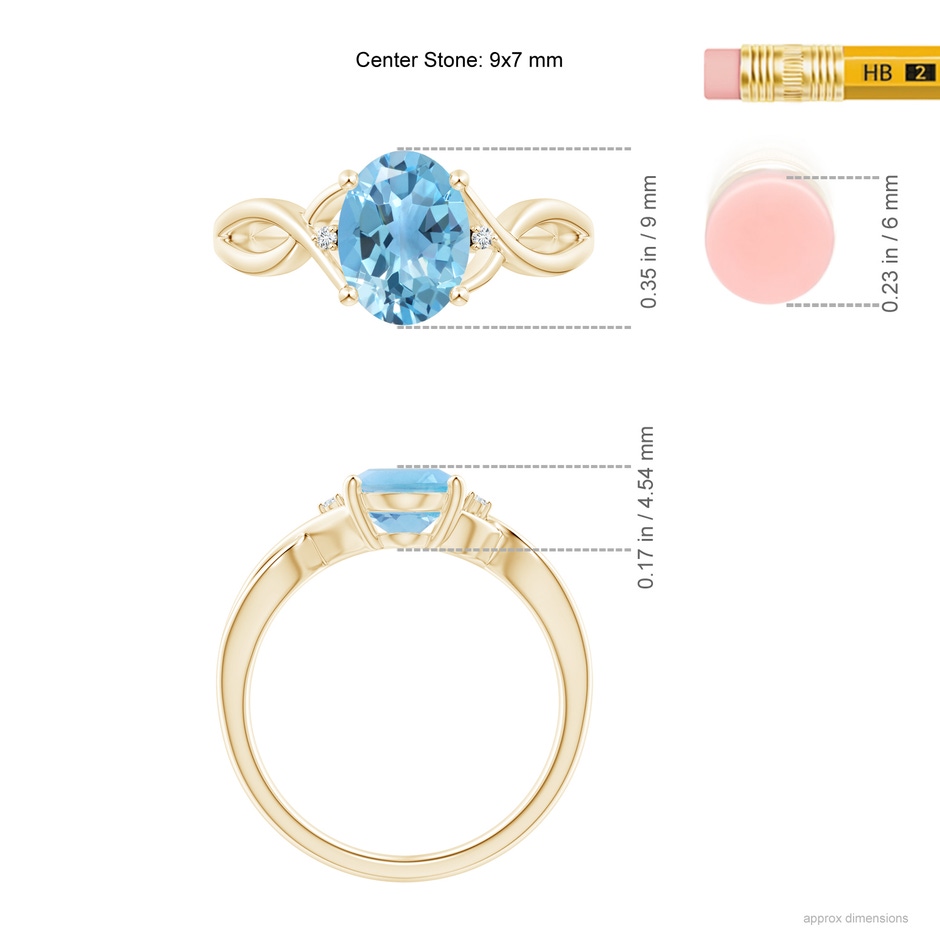 9x7mm A Oval Swiss Blue Topaz Criss Cross Ring with Diamond Accents in Yellow Gold ruler