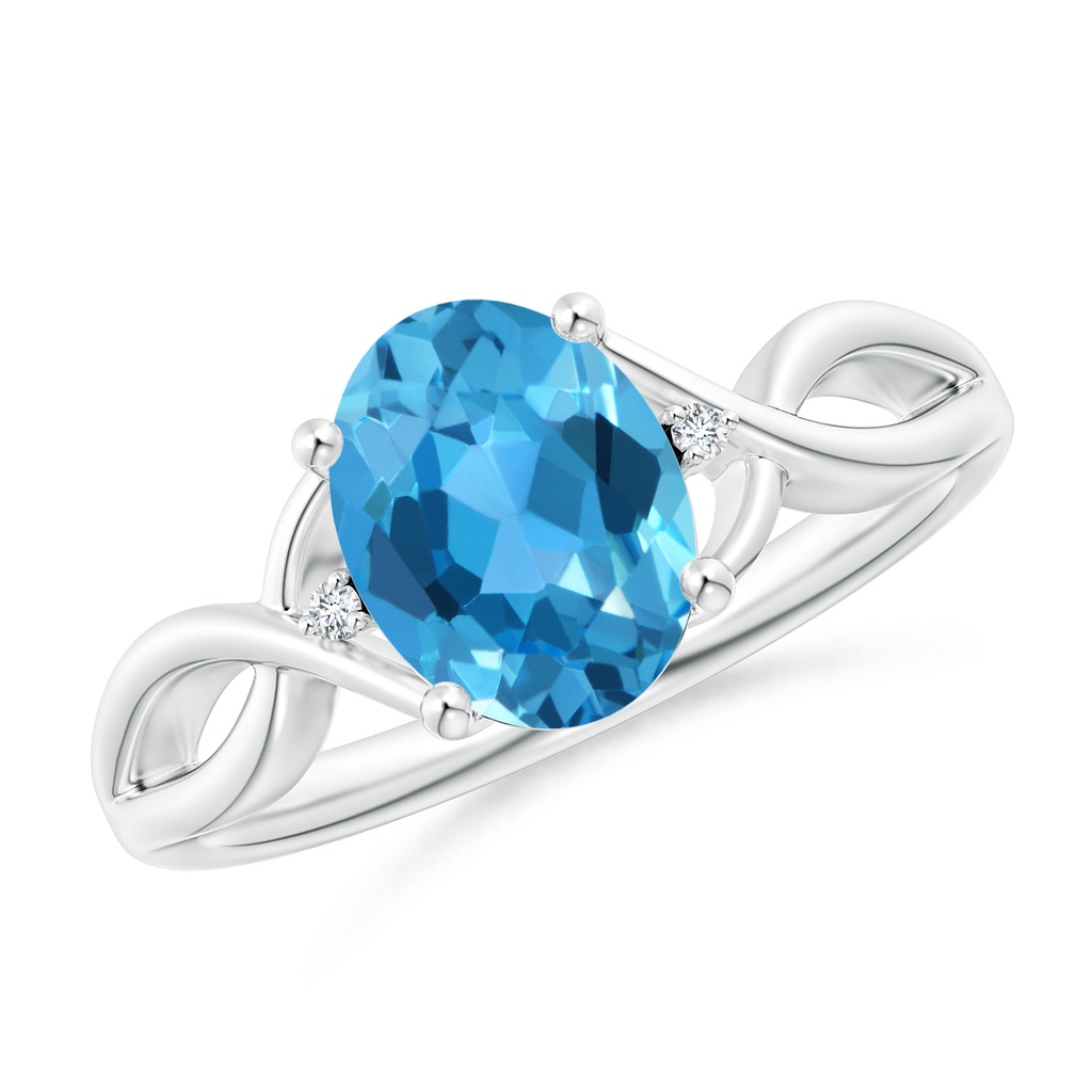 9x7mm AAA Oval Swiss Blue Topaz Criss Cross Ring with Diamond Accents in White Gold