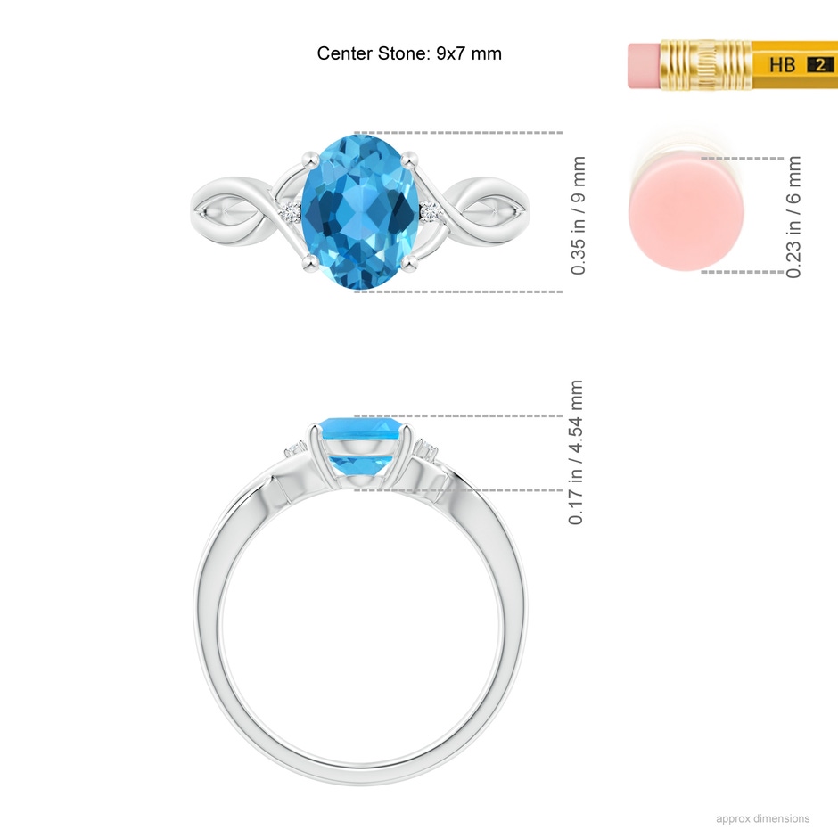 9x7mm AAA Oval Swiss Blue Topaz Criss Cross Ring with Diamond Accents in White Gold ruler