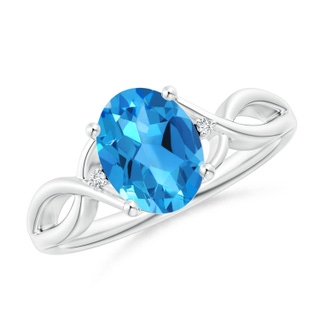 9x7mm AAAA Oval Swiss Blue Topaz Criss Cross Ring with Diamond Accents in White Gold