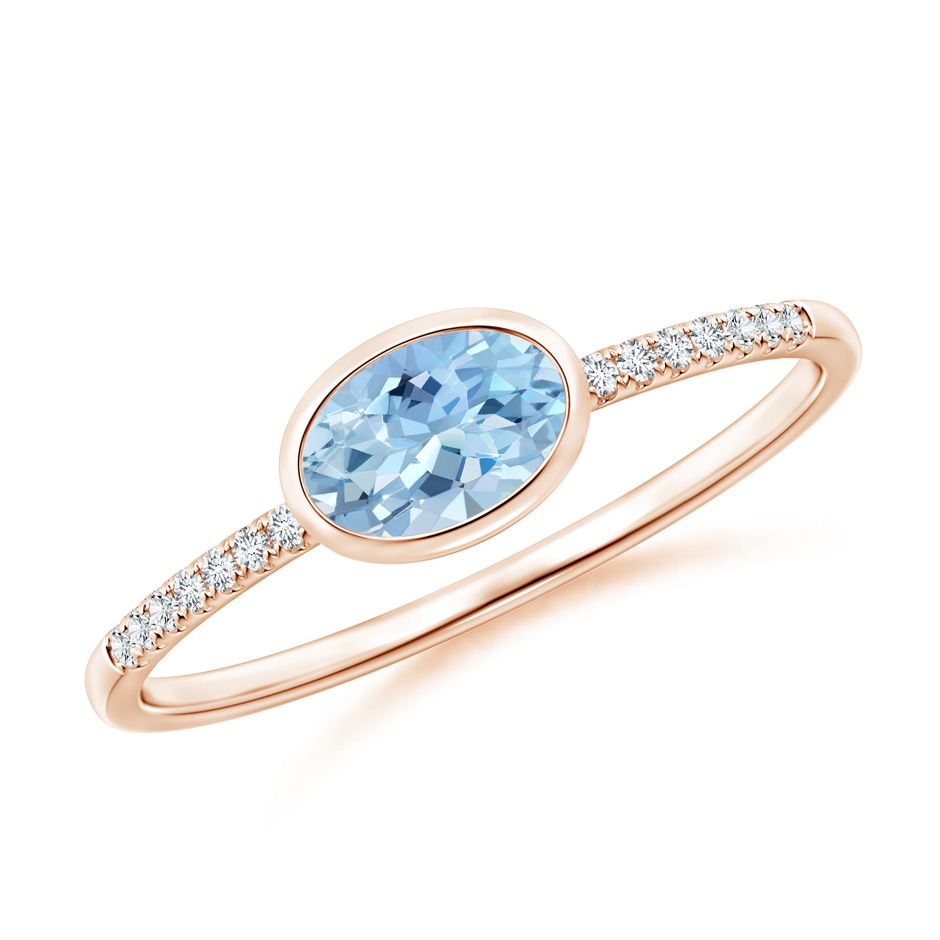 6x4mm AAA East-West Bezel-Set Oval Aquamarine and Diamond Ring in Rose Gold 
