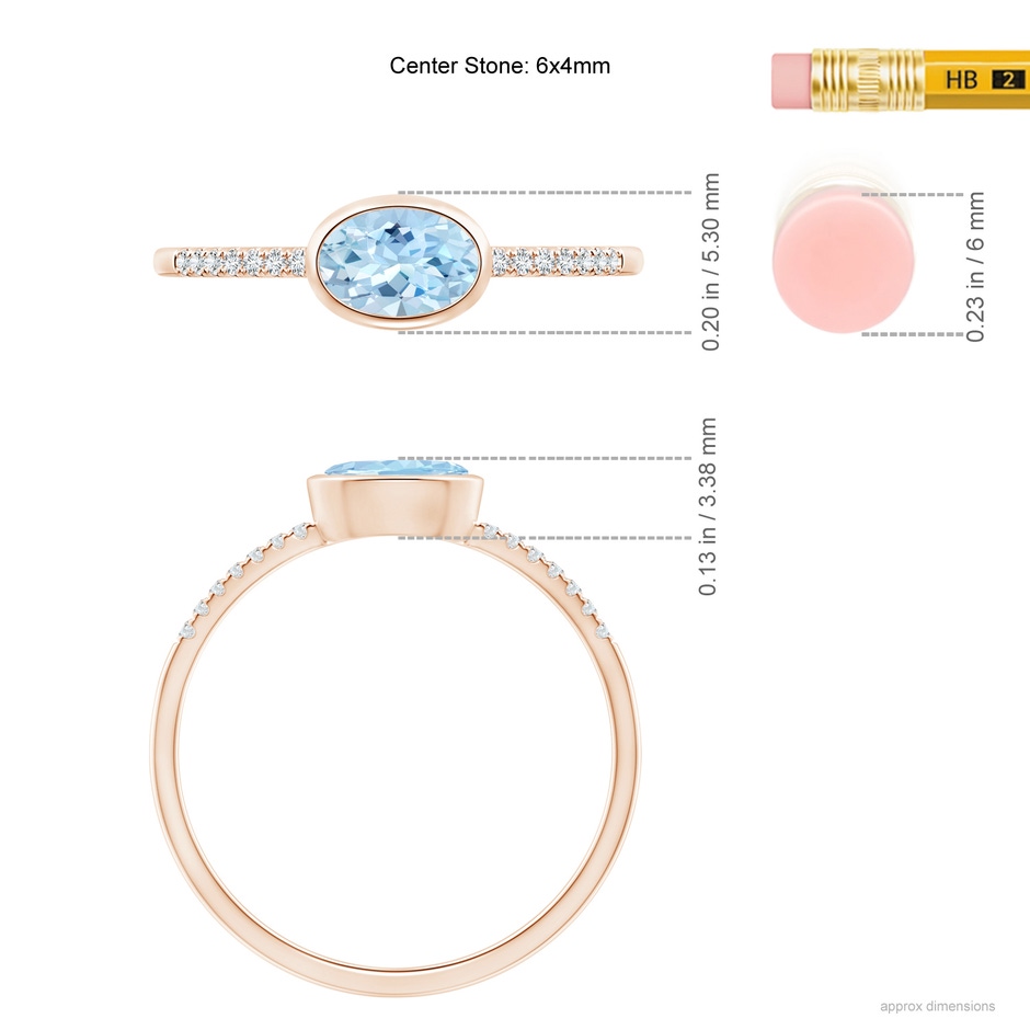 6x4mm AAA East-West Bezel-Set Oval Aquamarine and Diamond Ring in Rose Gold ruler