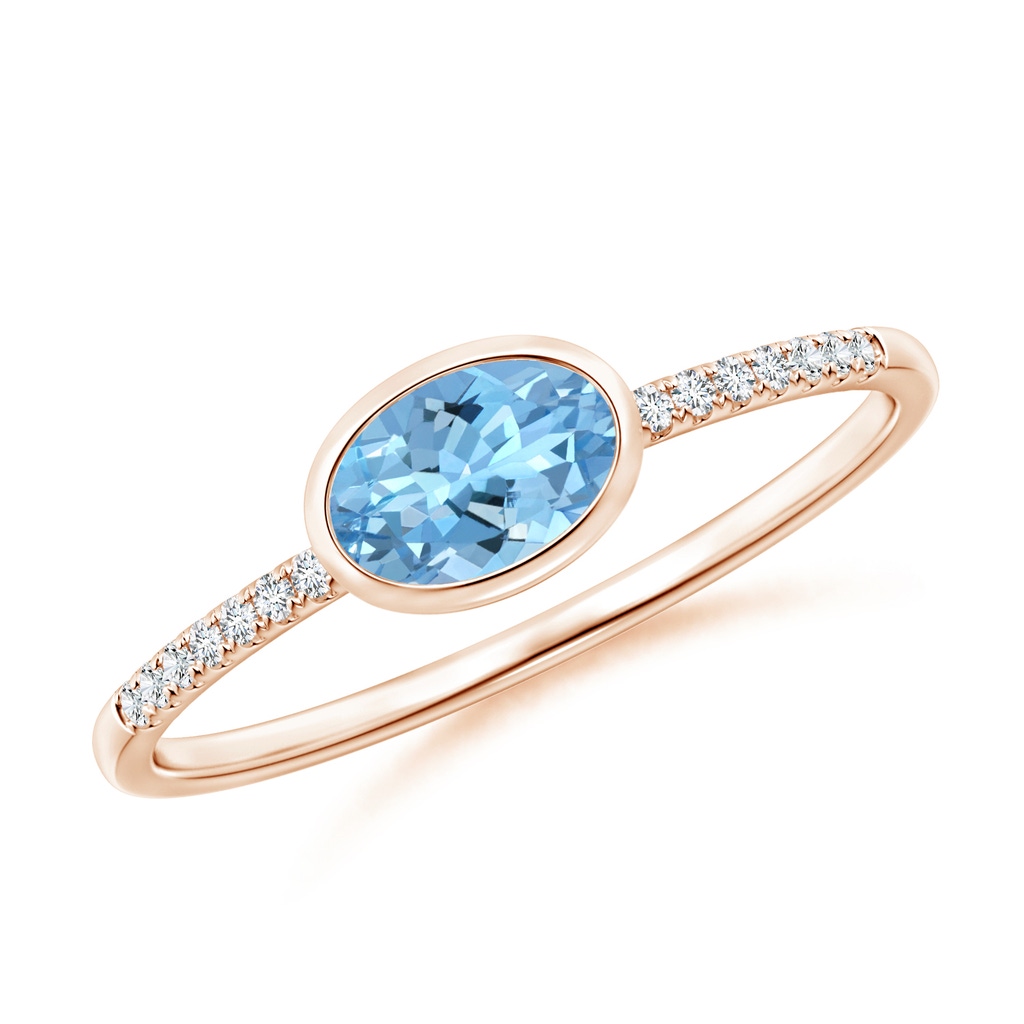 6x4mm AAAA East-West Bezel-Set Oval Aquamarine and Diamond Ring in Rose Gold