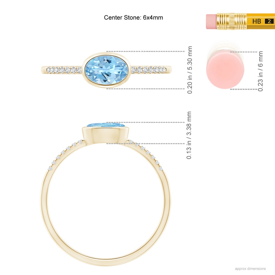 6x4mm AAAA East-West Bezel-Set Oval Aquamarine and Diamond Ring in Yellow Gold ruler
