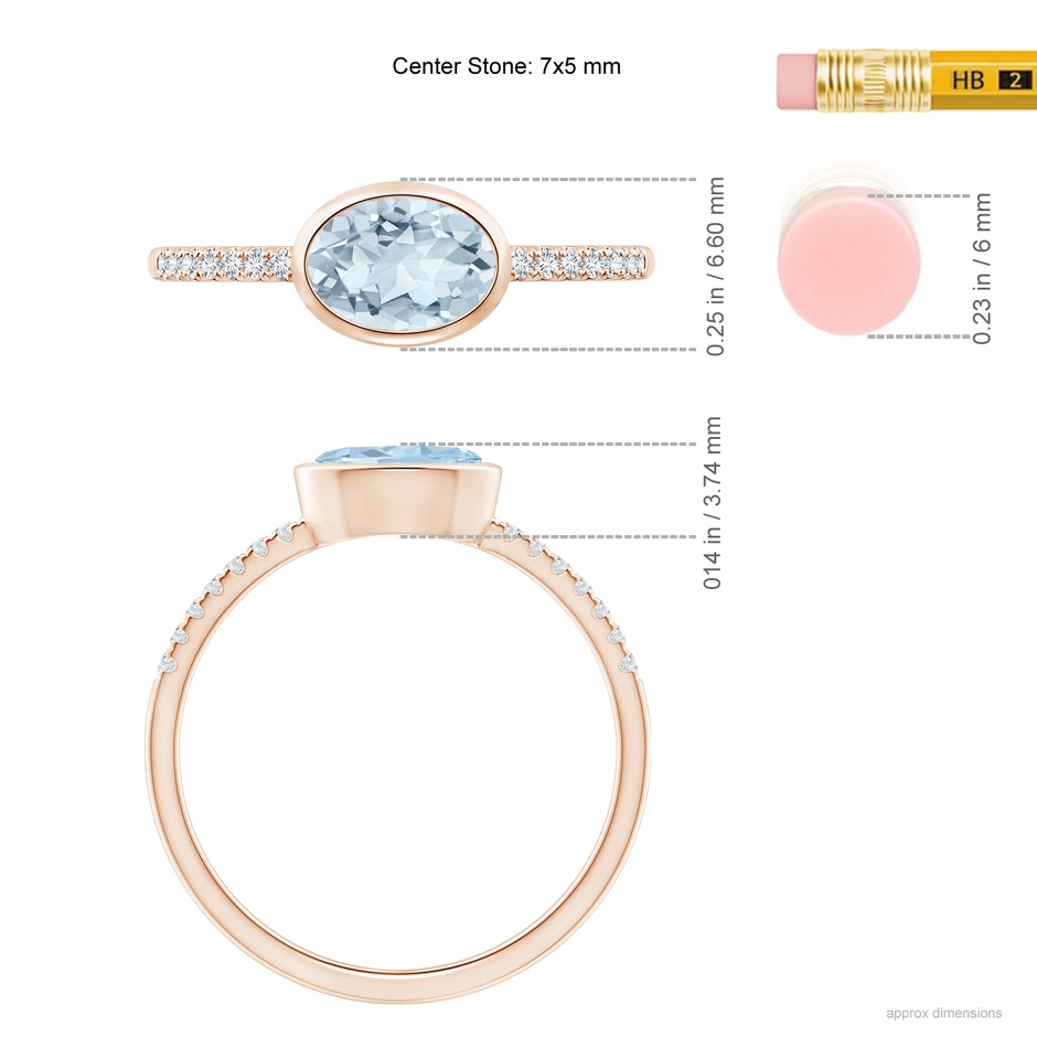 7x5mm A East-West Bezel-Set Oval Aquamarine and Diamond Ring in Rose Gold ruler