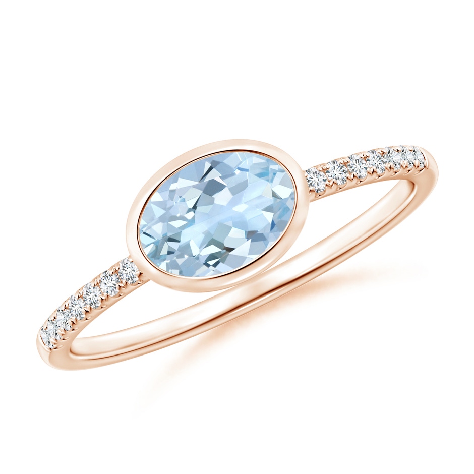 7x5mm AA East-West Bezel-Set Oval Aquamarine and Diamond Ring in Rose Gold 