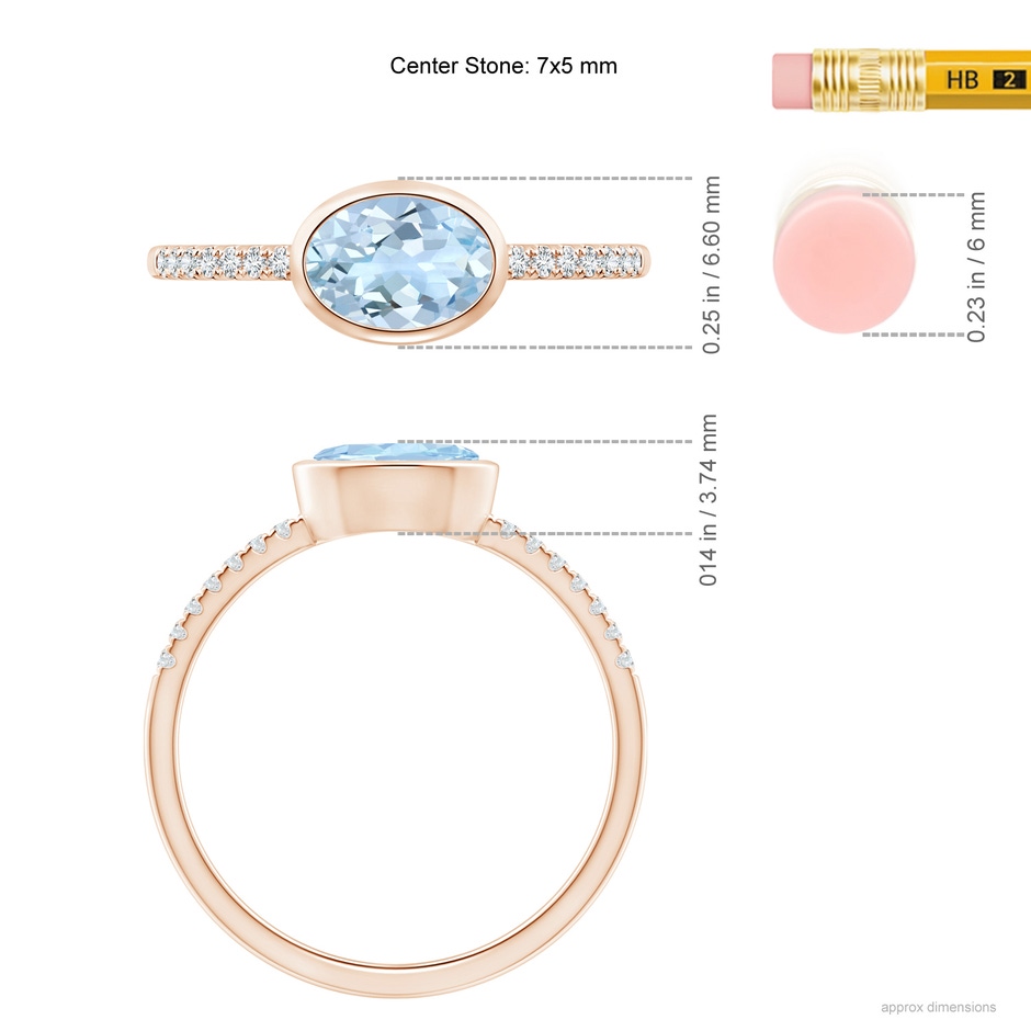 7x5mm AA East-West Bezel-Set Oval Aquamarine and Diamond Ring in Rose Gold ruler