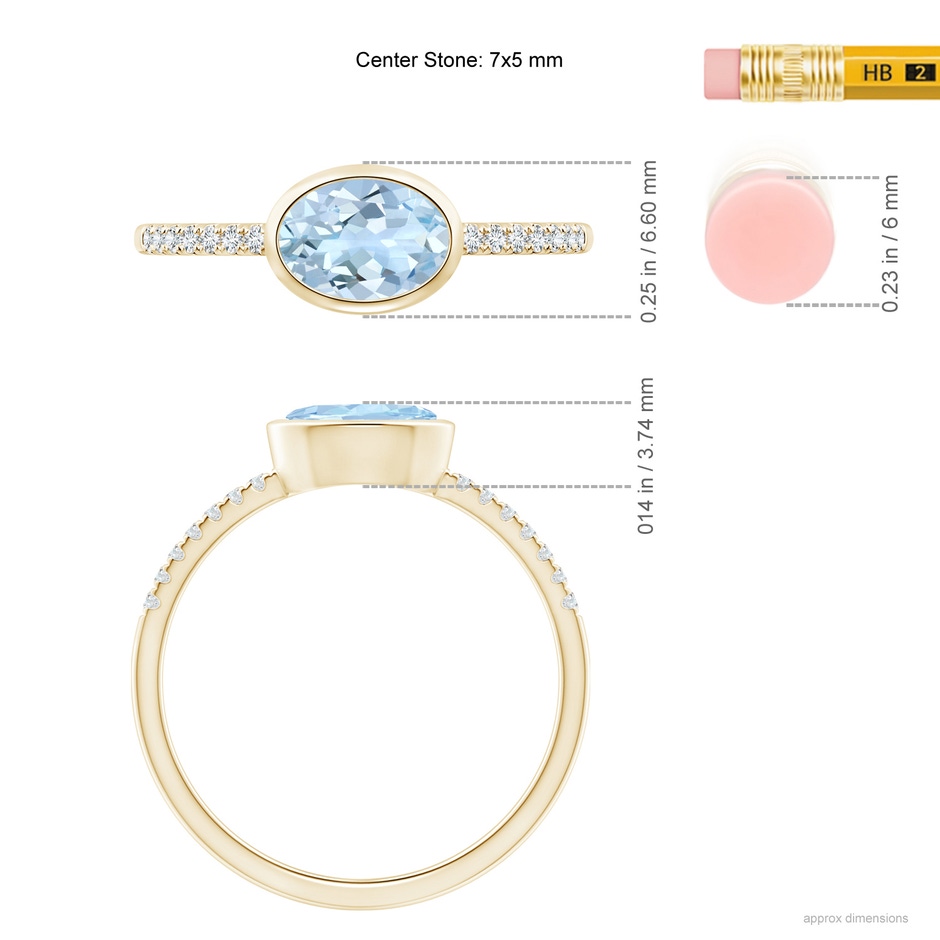 7x5mm AA East-West Bezel-Set Oval Aquamarine and Diamond Ring in Yellow Gold ruler