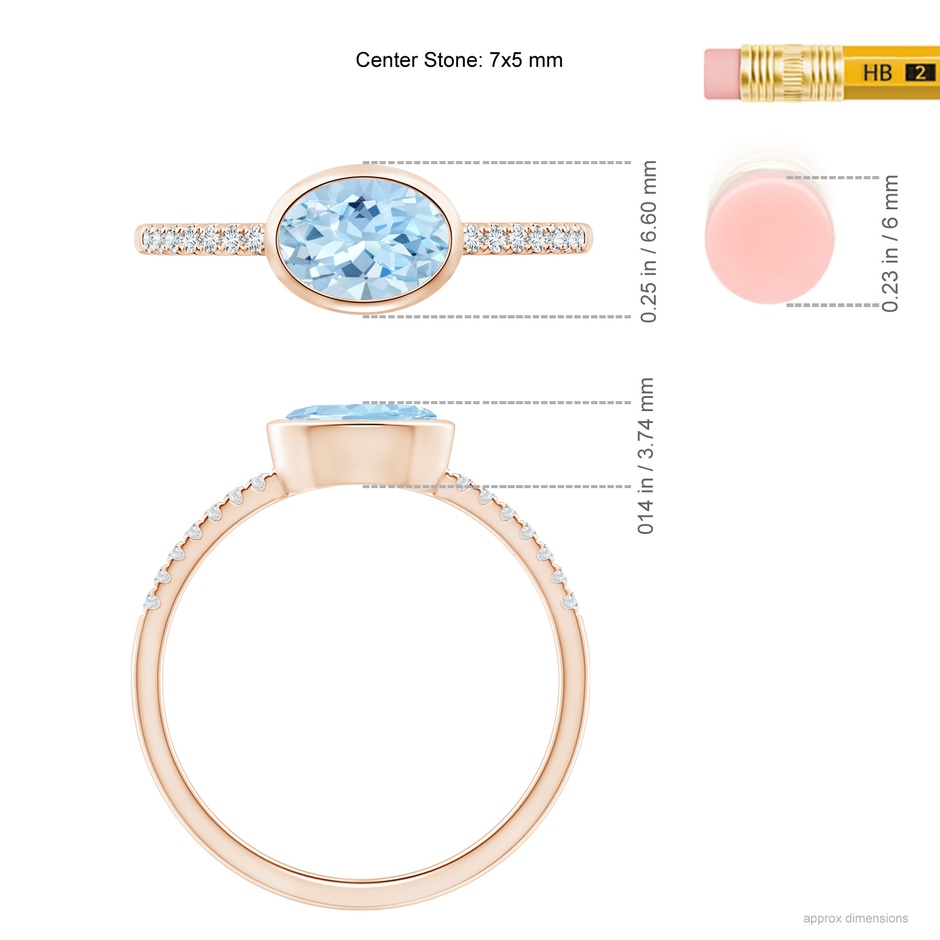 7x5mm AAA East-West Bezel-Set Oval Aquamarine and Diamond Ring in Rose Gold ruler