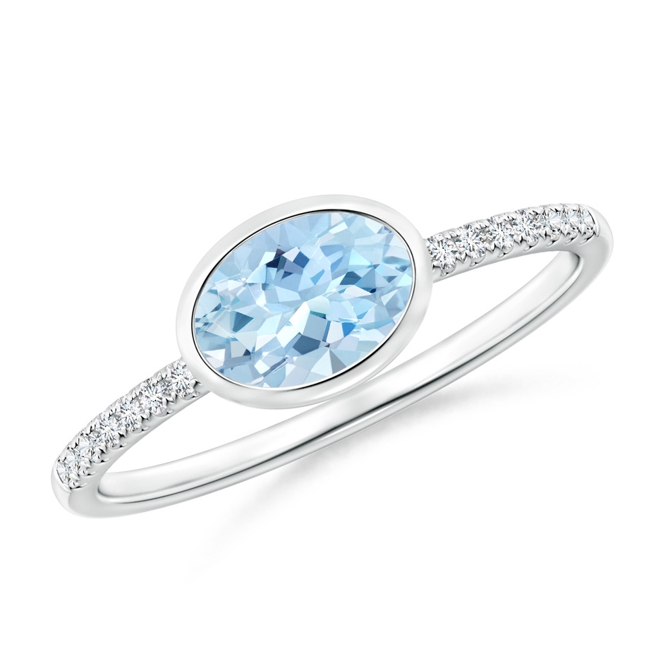 7x5mm AAA East-West Bezel-Set Oval Aquamarine and Diamond Ring in White Gold 