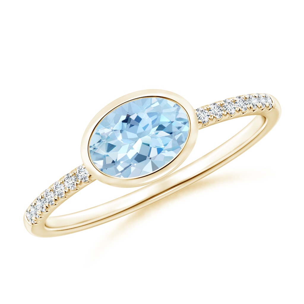 7x5mm AAA East-West Bezel-Set Oval Aquamarine and Diamond Ring in Yellow Gold