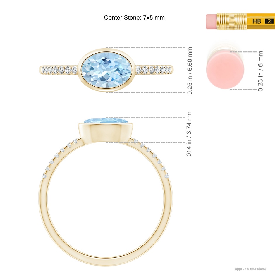 7x5mm AAA East-West Bezel-Set Oval Aquamarine and Diamond Ring in Yellow Gold ruler