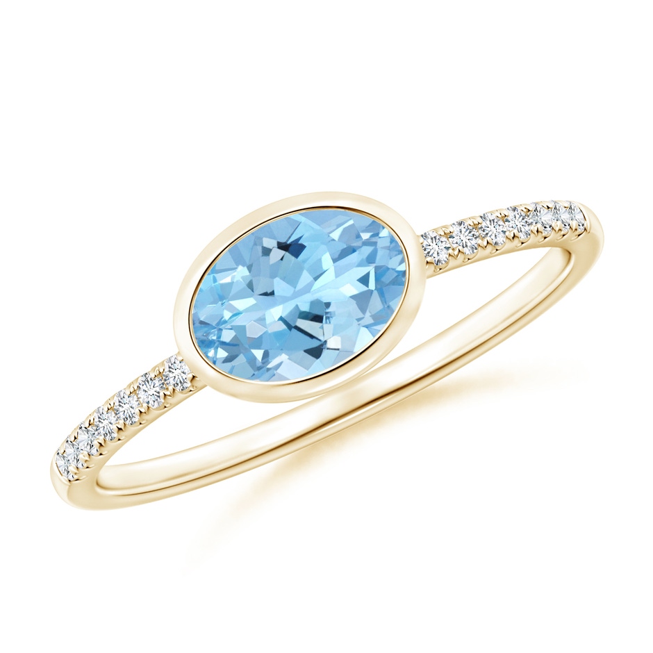 7x5mm AAAA East-West Bezel-Set Oval Aquamarine and Diamond Ring in Yellow Gold 