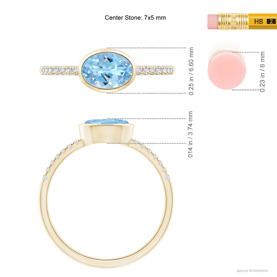 7x5mm AAAA East-West Bezel-Set Oval Aquamarine and Diamond Ring in Yellow Gold ruler