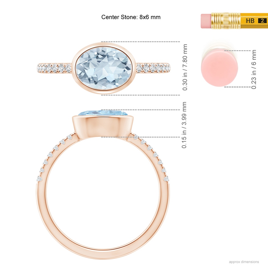8x6mm A East-West Bezel-Set Oval Aquamarine and Diamond Ring in Rose Gold ruler