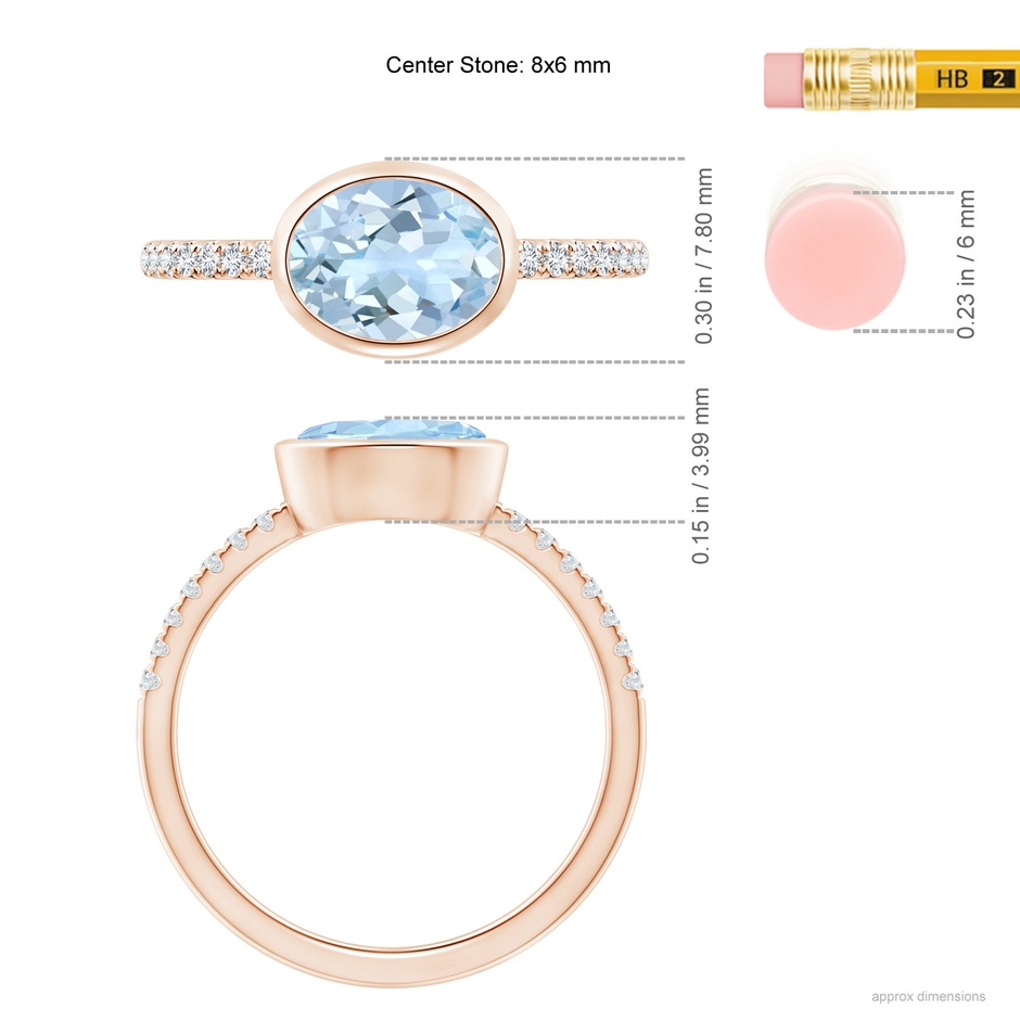 8x6mm AA East-West Bezel-Set Oval Aquamarine and Diamond Ring in Rose Gold ruler
