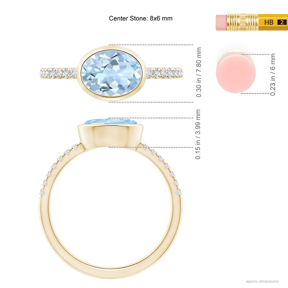 8x6mm AA East-West Bezel-Set Oval Aquamarine and Diamond Ring in Yellow Gold ruler