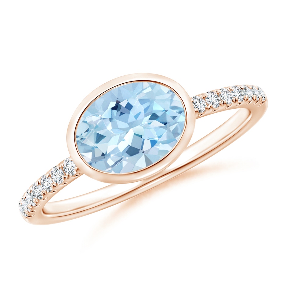 8x6mm AAA East-West Bezel-Set Oval Aquamarine and Diamond Ring in Rose Gold 