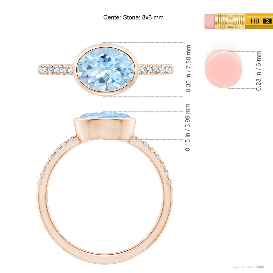 8x6mm AAA East-West Bezel-Set Oval Aquamarine and Diamond Ring in Rose Gold ruler