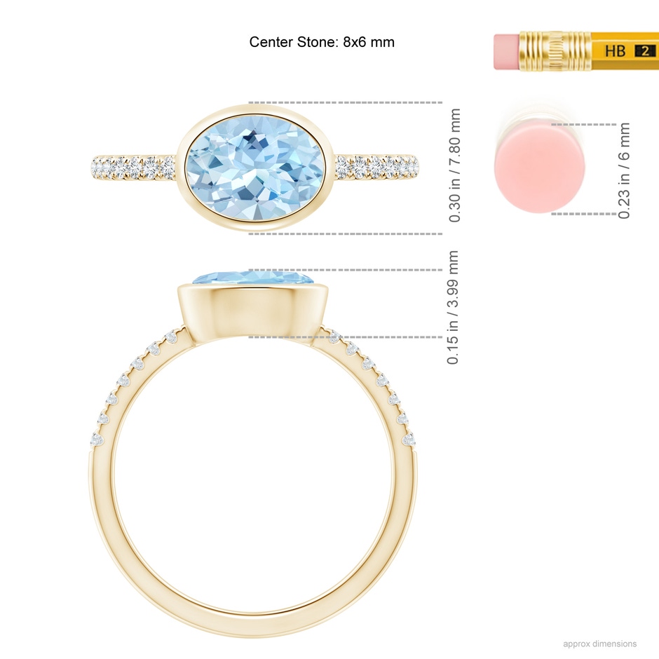 8x6mm AAA East-West Bezel-Set Oval Aquamarine and Diamond Ring in Yellow Gold ruler