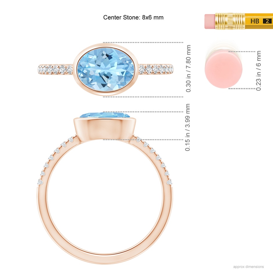 8x6mm AAAA East-West Bezel-Set Oval Aquamarine and Diamond Ring in Rose Gold ruler