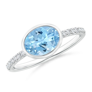 8x6mm AAAA East-West Bezel-Set Oval Aquamarine and Diamond Ring in White Gold