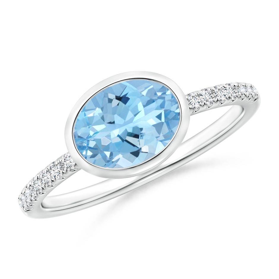 8x6mm AAAA East-West Bezel-Set Oval Aquamarine and Diamond Ring in White Gold 