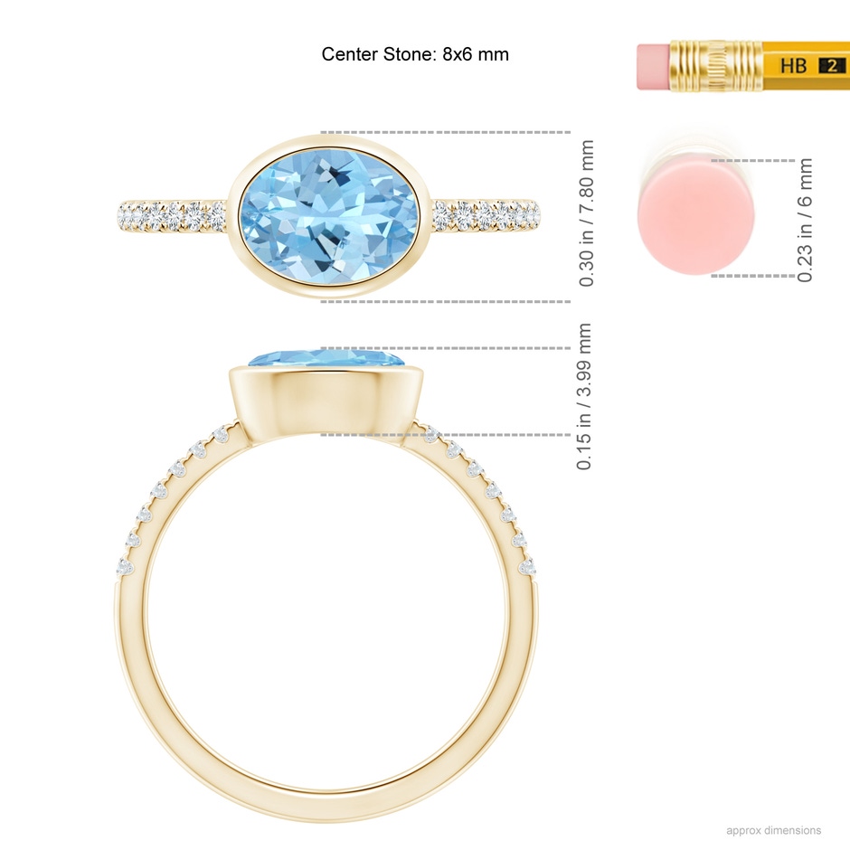 8x6mm AAAA East-West Bezel-Set Oval Aquamarine and Diamond Ring in Yellow Gold ruler