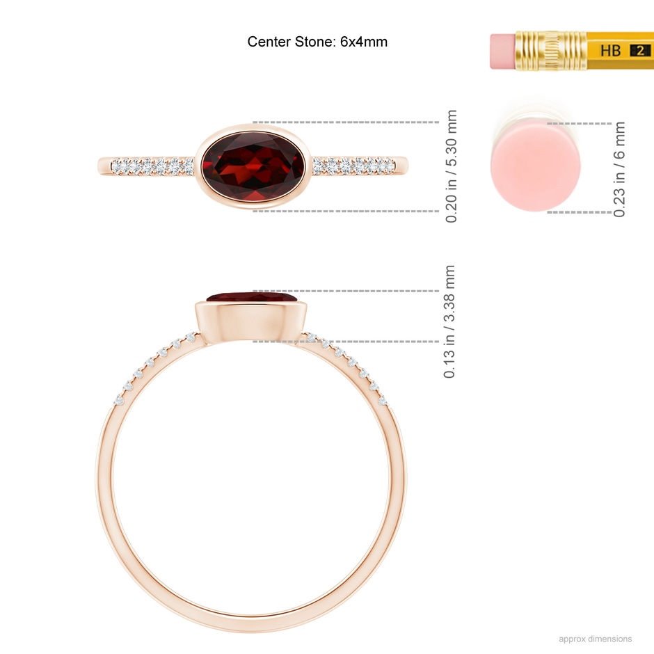6x4mm AAA East-West Bezel-Set Oval Garnet and Diamond Ring in Rose Gold ruler