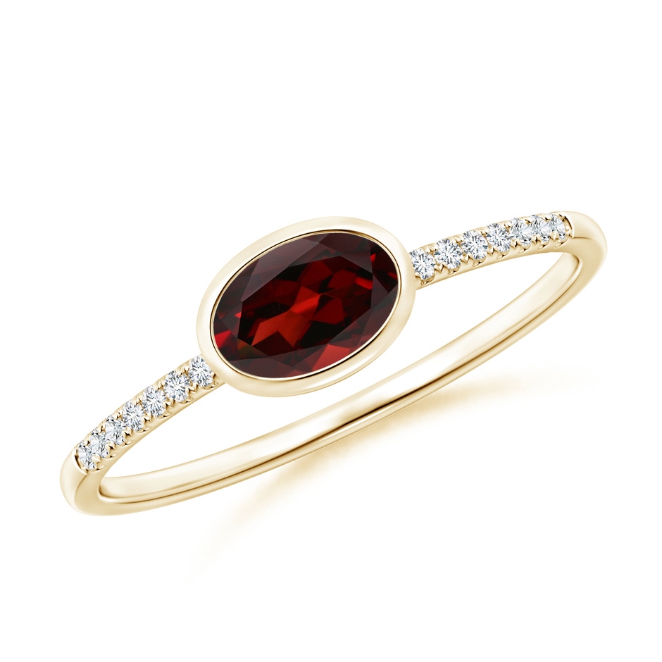 6x4mm AAA East-West Bezel-Set Oval Garnet and Diamond Ring in Yellow Gold 