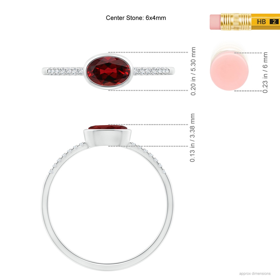 6x4mm AAAA East-West Bezel-Set Oval Garnet and Diamond Ring in White Gold ruler