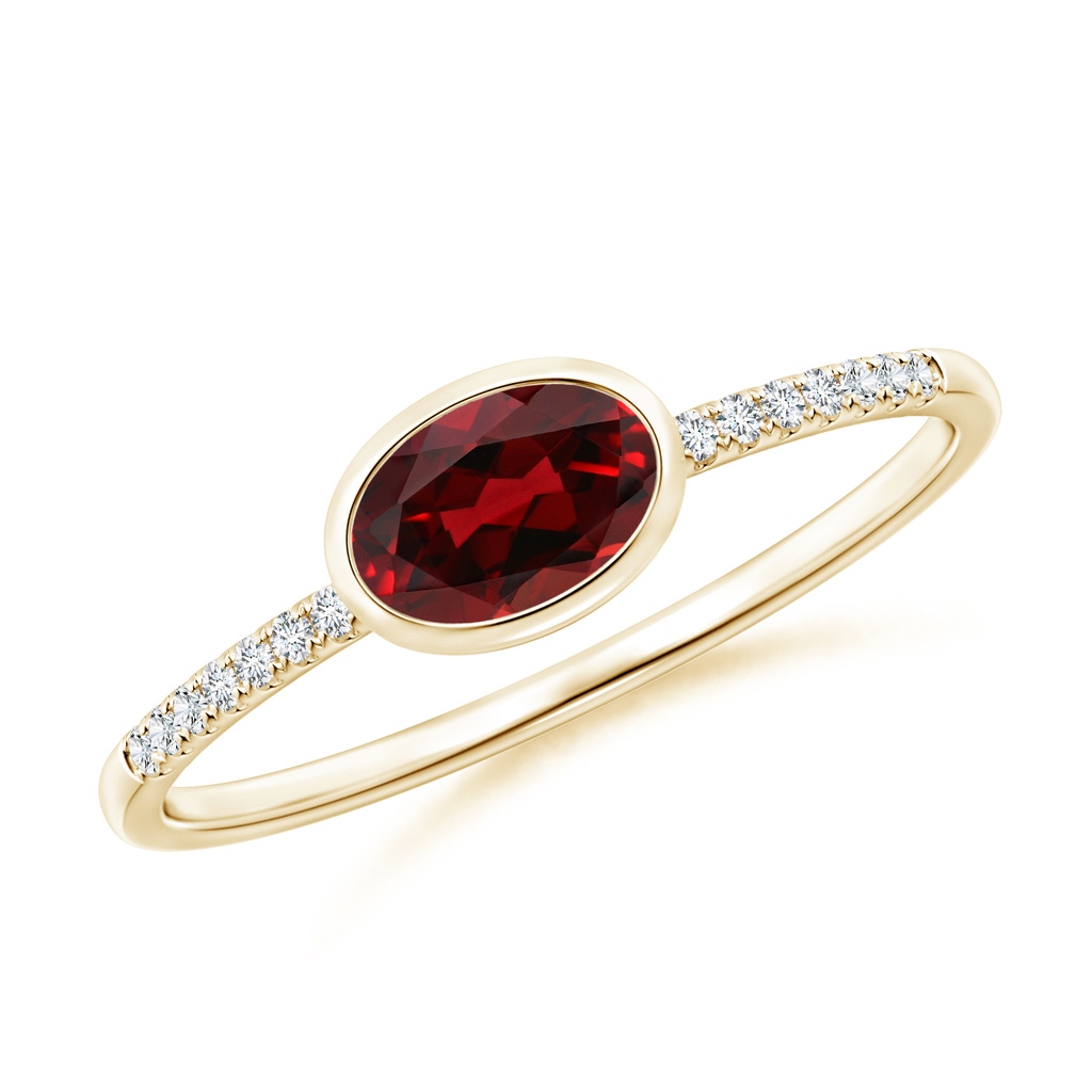 6x4mm AAAA East-West Bezel-Set Oval Garnet and Diamond Ring in Yellow Gold