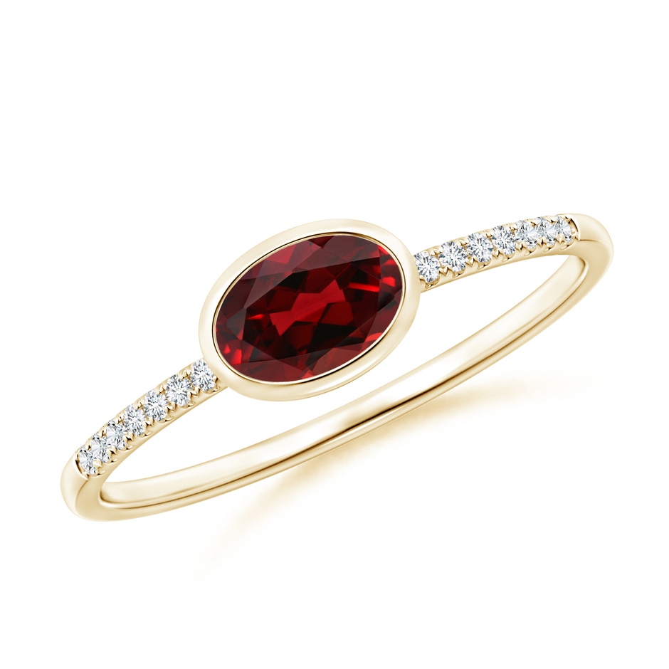 6x4mm AAAA East-West Bezel-Set Oval Garnet and Diamond Ring in Yellow Gold 