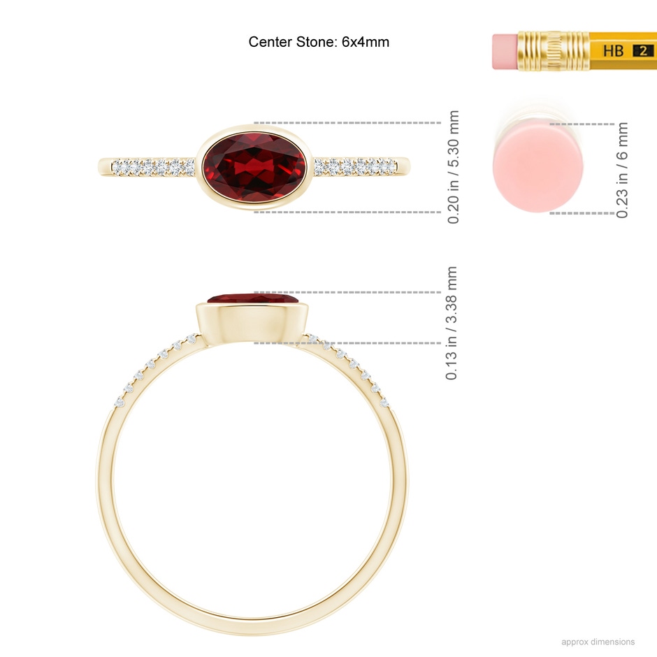 6x4mm AAAA East-West Bezel-Set Oval Garnet and Diamond Ring in Yellow Gold ruler