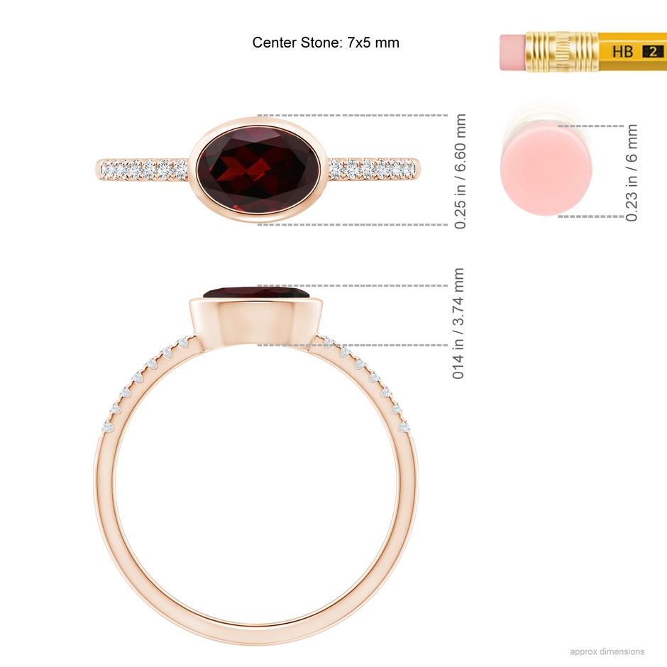 7x5mm A East-West Bezel-Set Oval Garnet and Diamond Ring in Rose Gold ruler