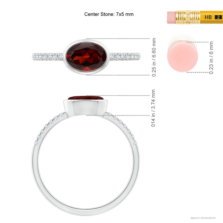 7x5mm AAA East-West Bezel-Set Oval Garnet and Diamond Ring in White Gold ruler