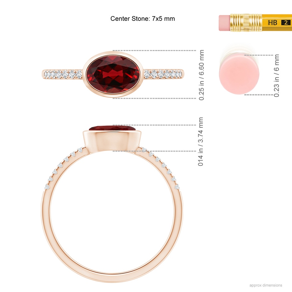 7x5mm AAAA East-West Bezel-Set Oval Garnet and Diamond Ring in Rose Gold ruler