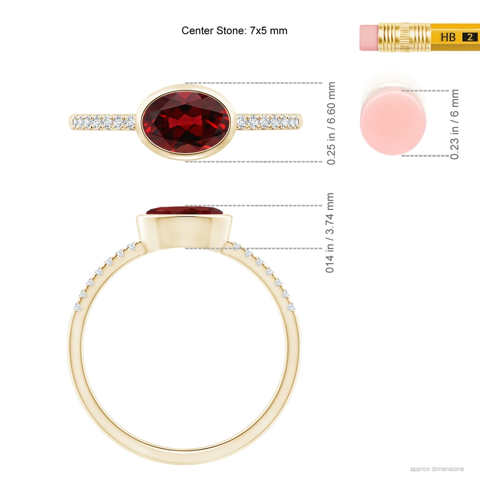 7x5mm AAAA East-West Bezel-Set Oval Garnet and Diamond Ring in Yellow Gold ruler