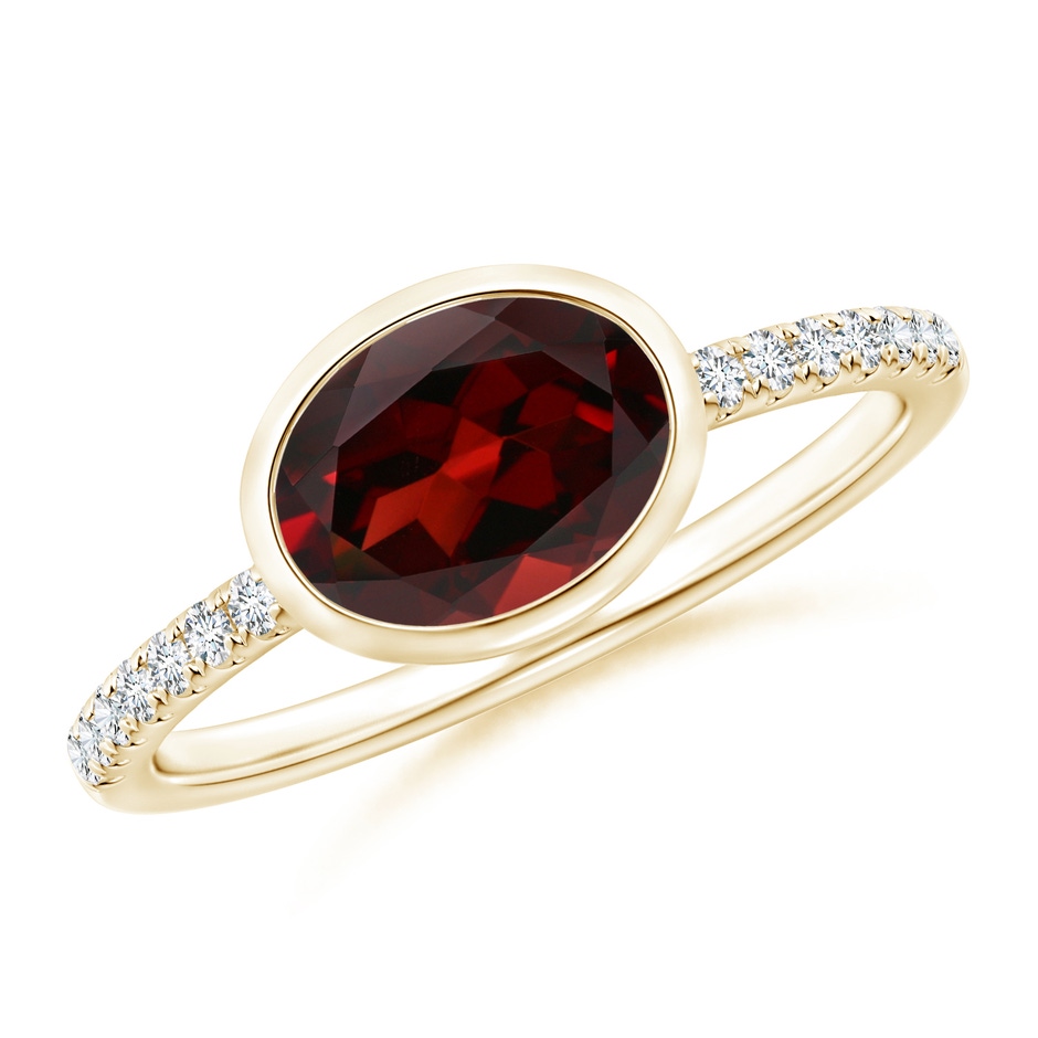8x6mm AAA East-West Bezel-Set Oval Garnet and Diamond Ring in Yellow Gold 