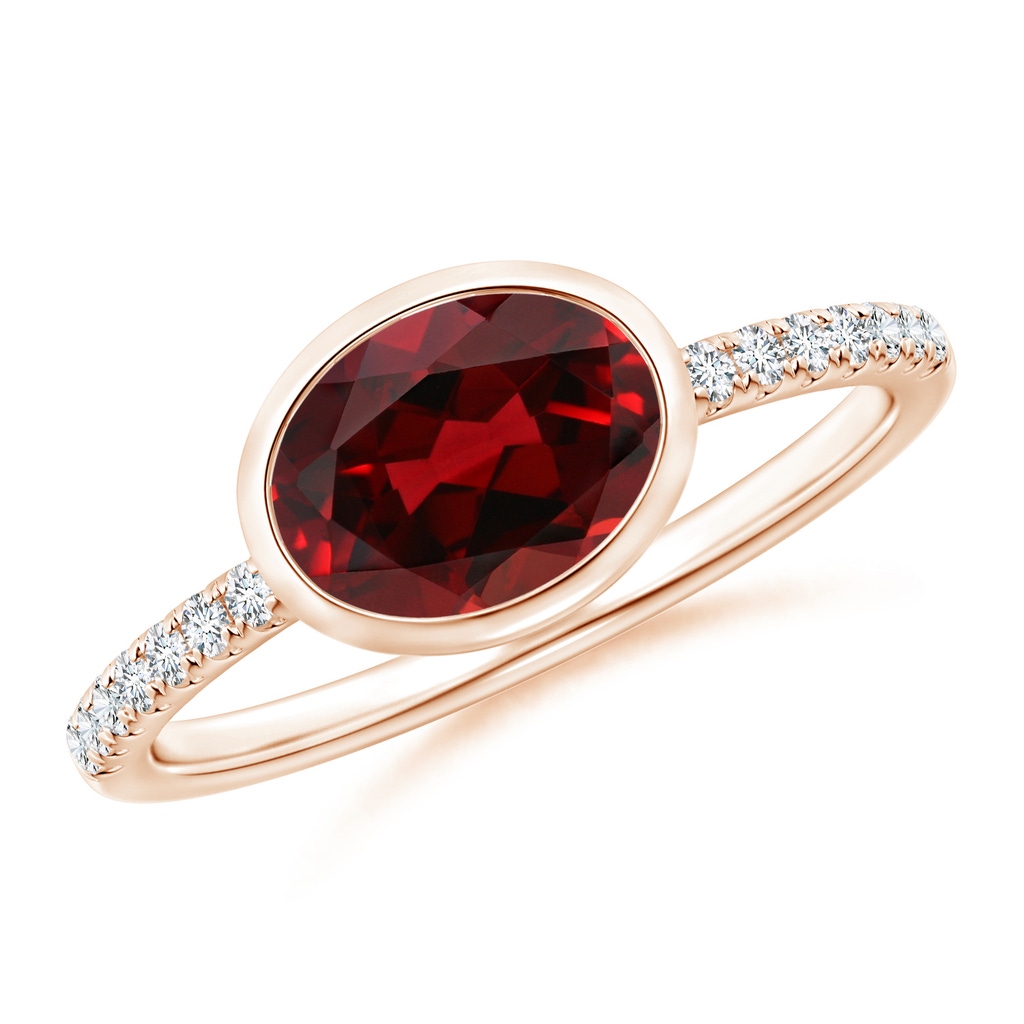 8x6mm AAAA East-West Bezel-Set Oval Garnet and Diamond Ring in Rose Gold