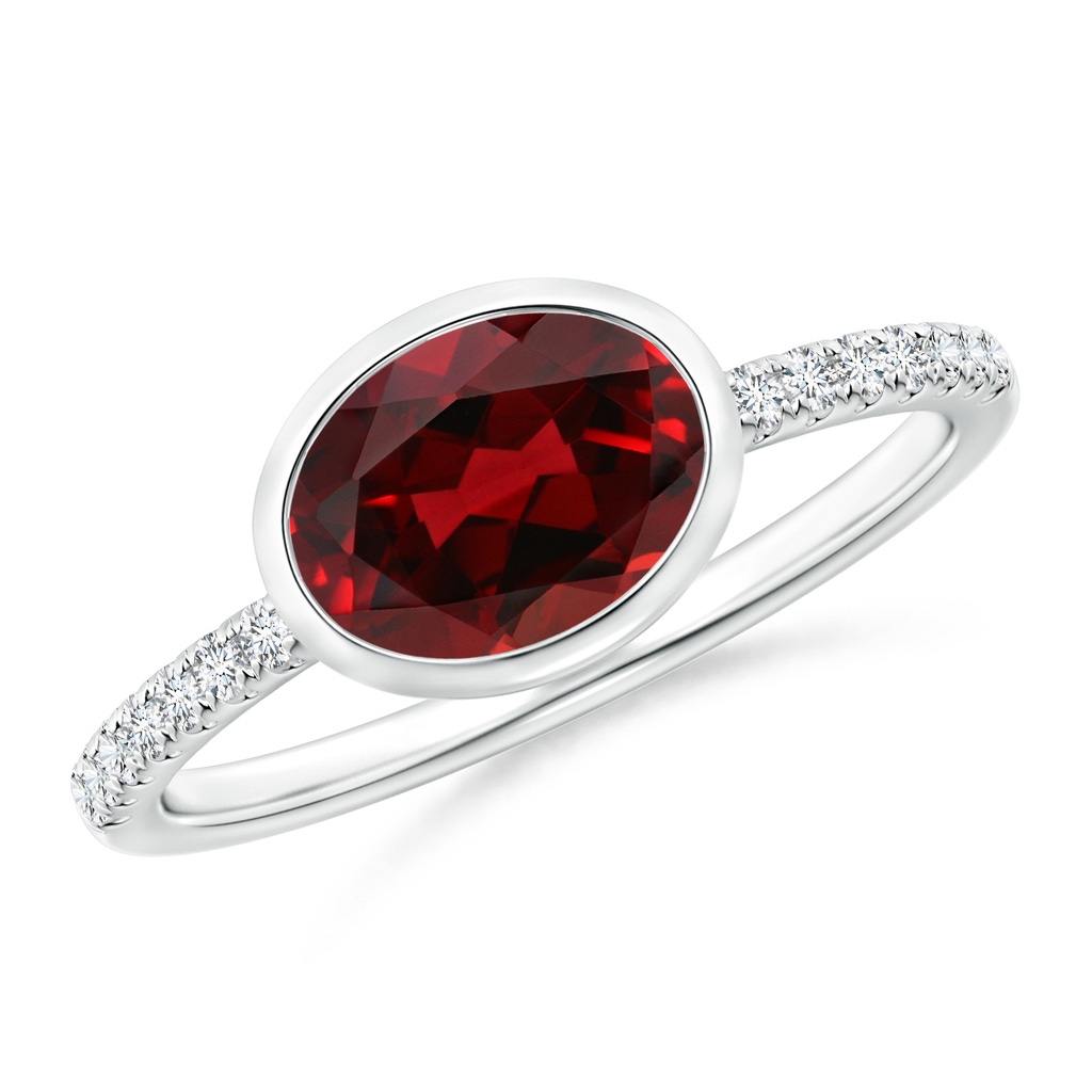 8x6mm AAAA East-West Bezel-Set Oval Garnet and Diamond Ring in White Gold
